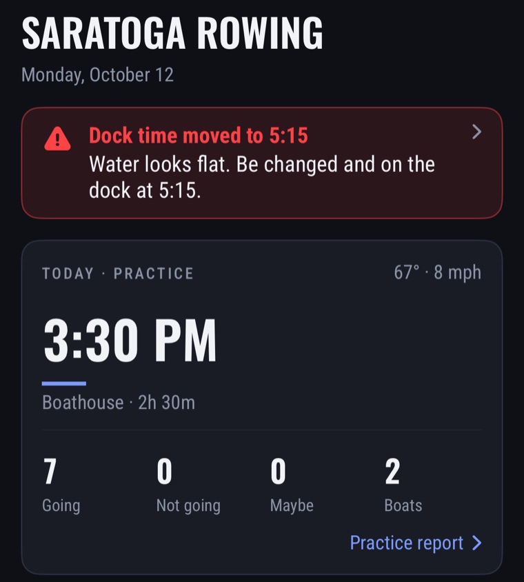 An urgent message from the coach at the top of Catch's home screen, above today's practice