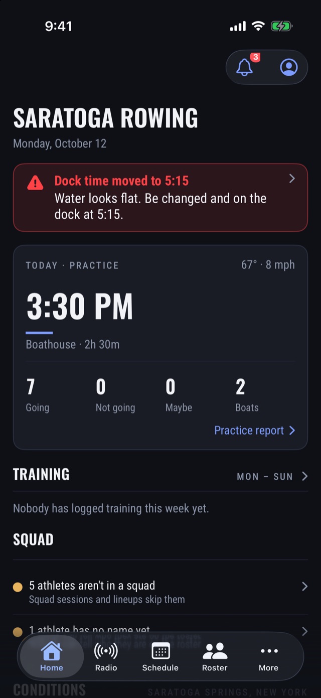 Catch home screen: an urgent dock-time message, then today's practice with who is going and the boats